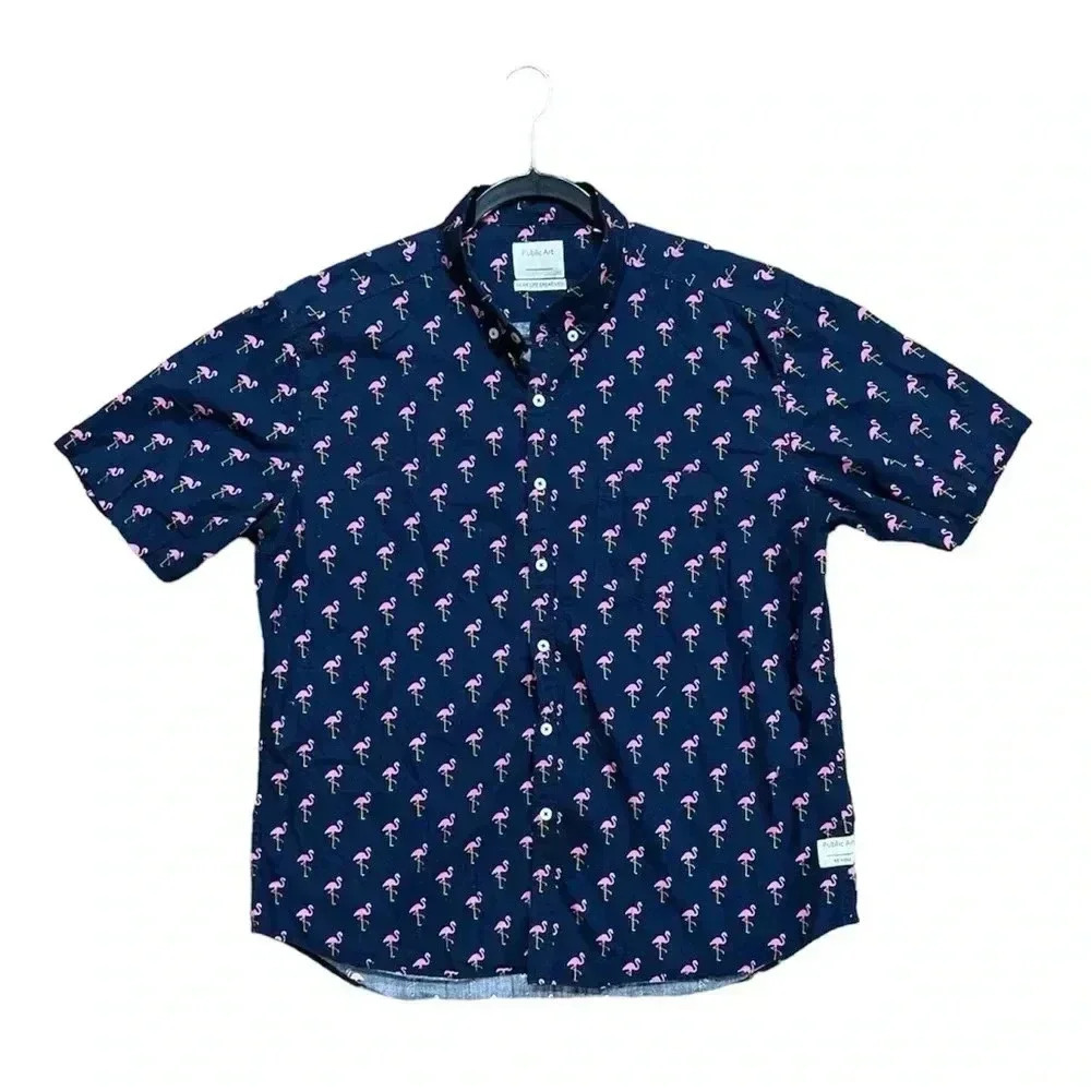 Public Art Flamingo Design Blue Shirt Size L